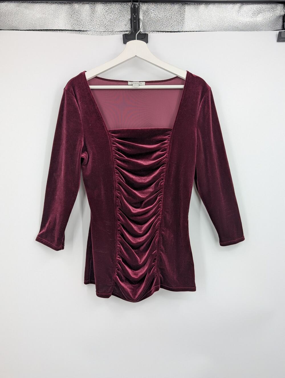 Boston Proper Burgundy Crushed Velvet Medium 3/4 Sleeve Blouse Whimsigoth Goth